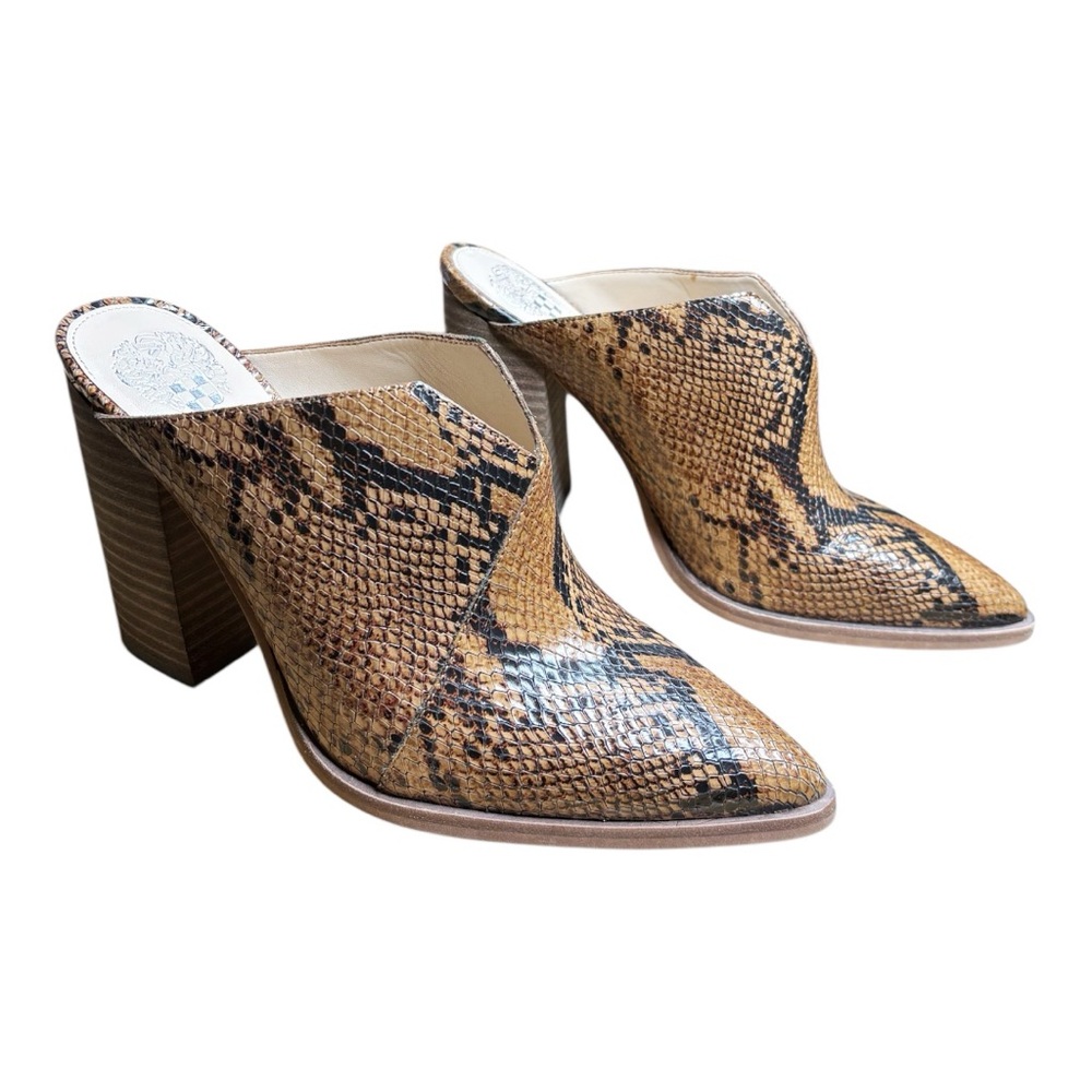 VINCE CAMUTO Crissidy Mule US 9.5 Snake Western Block Heel Pointed Brown Black
